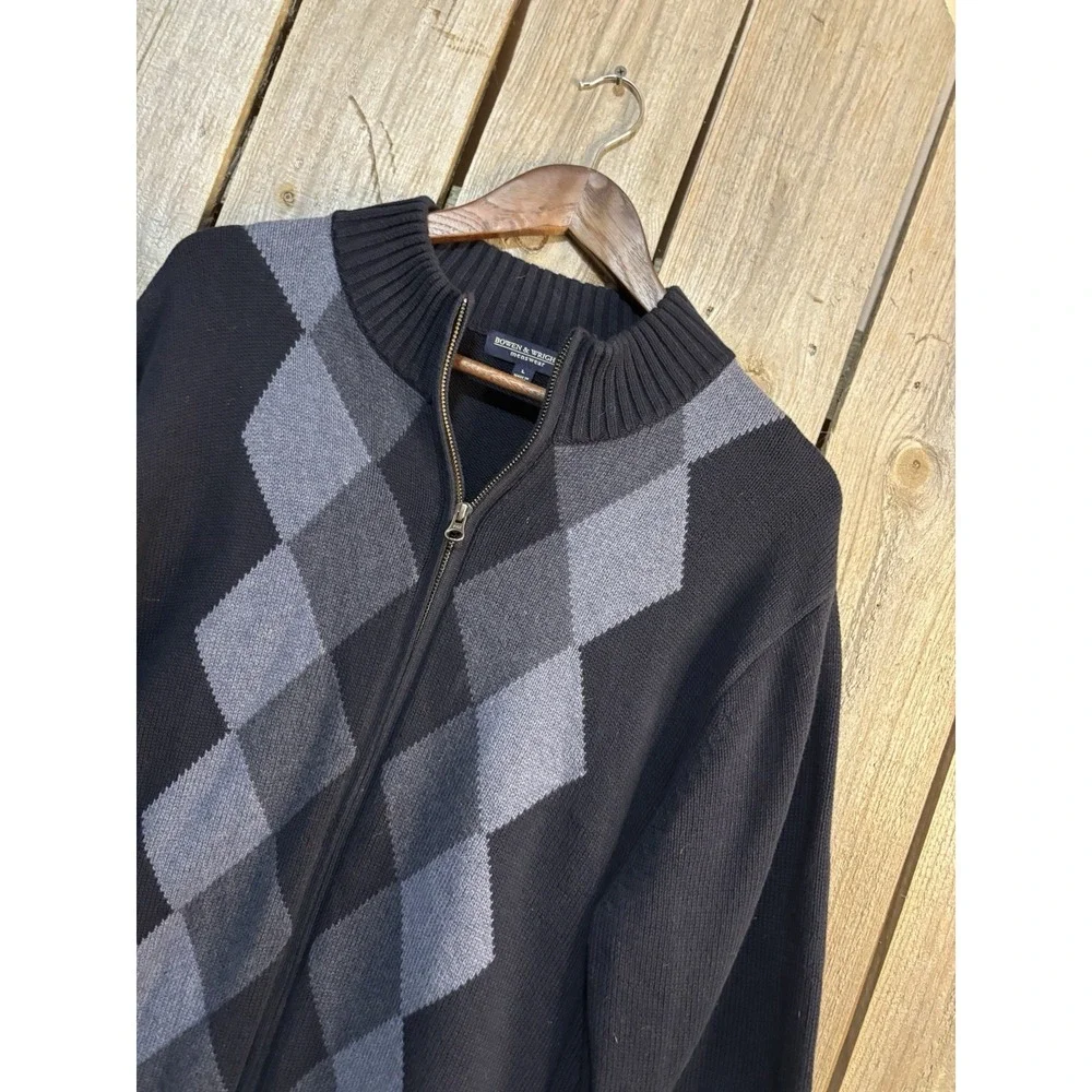 Boven & Wright‎ Mens L Argyle Zip Up Sweater Black Gray Mock Neck Cotton